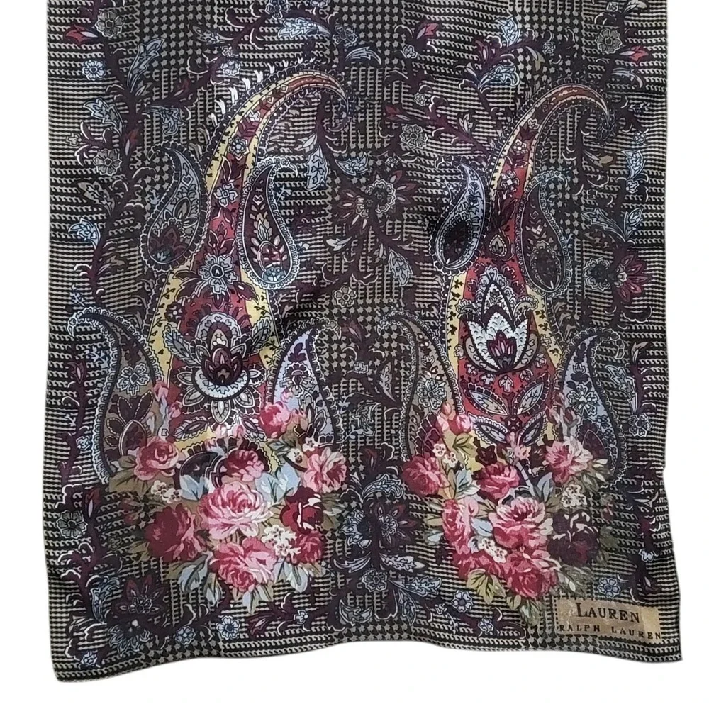 Lauren Ralph Lauren‎ 100% Silk Scarf Floral Paisley Brown Gold Rectangle Preppy